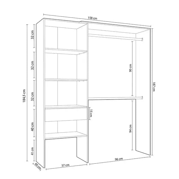 Oak and white open-door wardrobe by Lavish Kitchen Isle with shelves and hanging rails, measuring 158cm wide for bedroom storage.