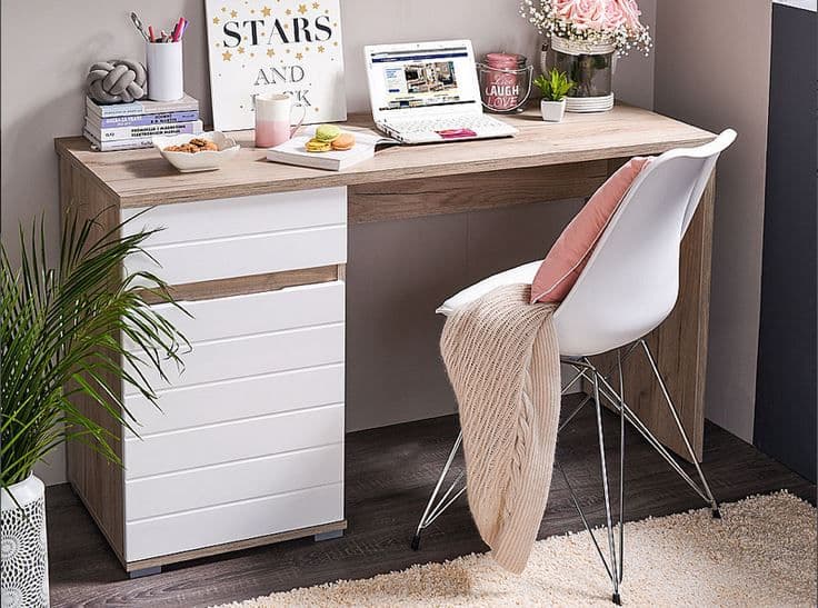 Lavish Kitchen Isle Solstice oak and white gloss computer desk with drawer and cupboard, sleek home office furniture.