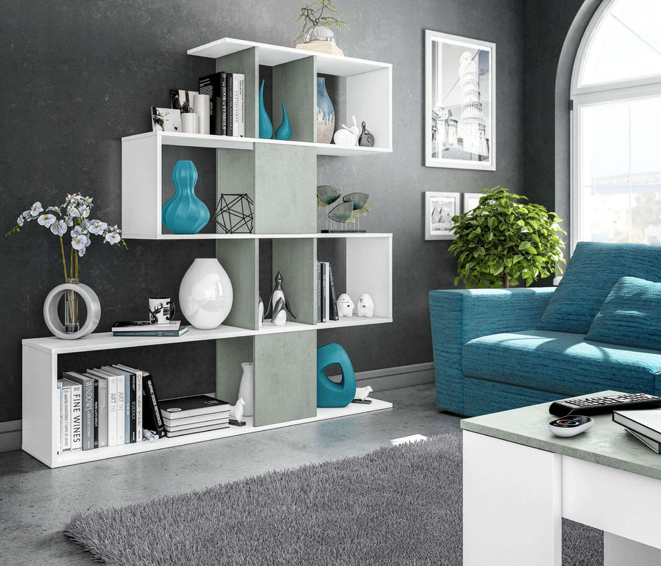 Lavish Kitchen Isle 7-10 days SHA 5-Tier Bookcase in Arctic White and Grey with 10 storage cubes, zig-zag shelving design