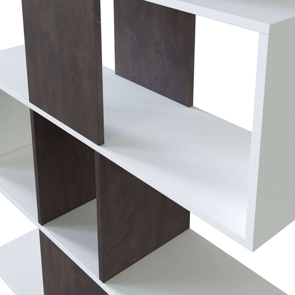 Lavish Kitchen Isle dark brown and white 5-tier zig-zag shelving bookcase for home and office storage and organization.