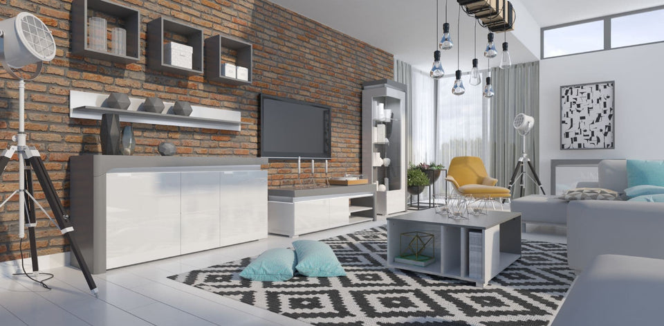 Grey and white gloss TV stand cabinet with cupboards and shelf, 159cm wide, by Lavish Kitchen Isle.