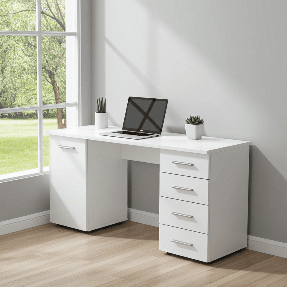 Lavish Kitchen Isle Aether Matt White Desk with 4 drawers, ideal for home office, study, or workspace setup.