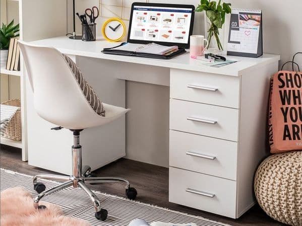Lavish Kitchen Isle Aether Matt White Desk with 4 drawers, ideal for home office or study workspace.