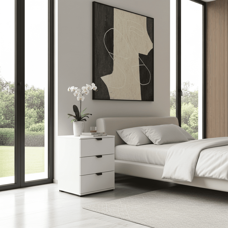 Arctic White 3-Drawer Bedside Table by Lavish Kitchen Isle featuring modern design and bedroom storage cabinet with sleek drawers.