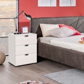 Arctic White 3-drawer bedside table by Lavish Kitchen Isle featuring modern design and sleek bedroom storage cabinet.