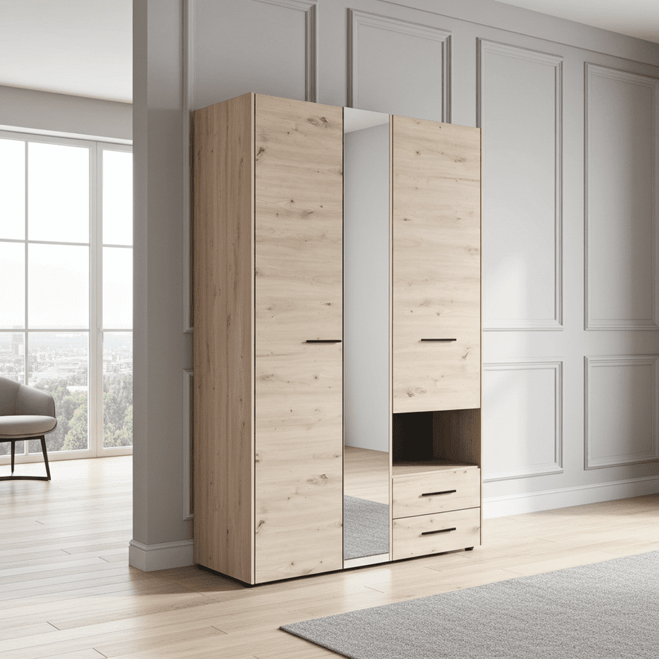 Lavish Kitchen Isle Rylora grey oak 3-door wardrobe with mirror and two drawers, modern bedroom storage solution.