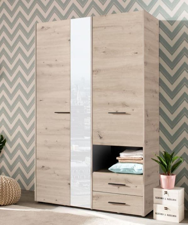 Lavish Kitchen Isle Rylora Grey Oak 3-door wardrobe with mirror and two drawers, modern bedroom storage furniture.