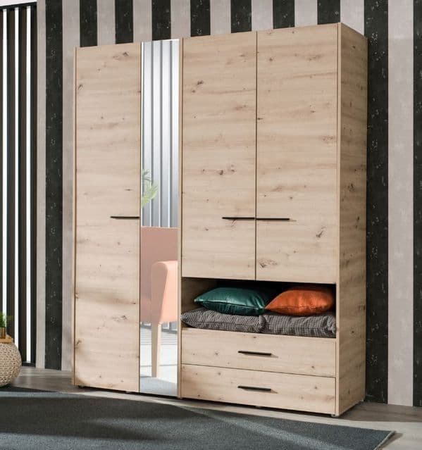 Grey oak 4-door wardrobe with mirror and 2 drawers, modern bedroom storage cabinet by Lavish Kitchen Isle.