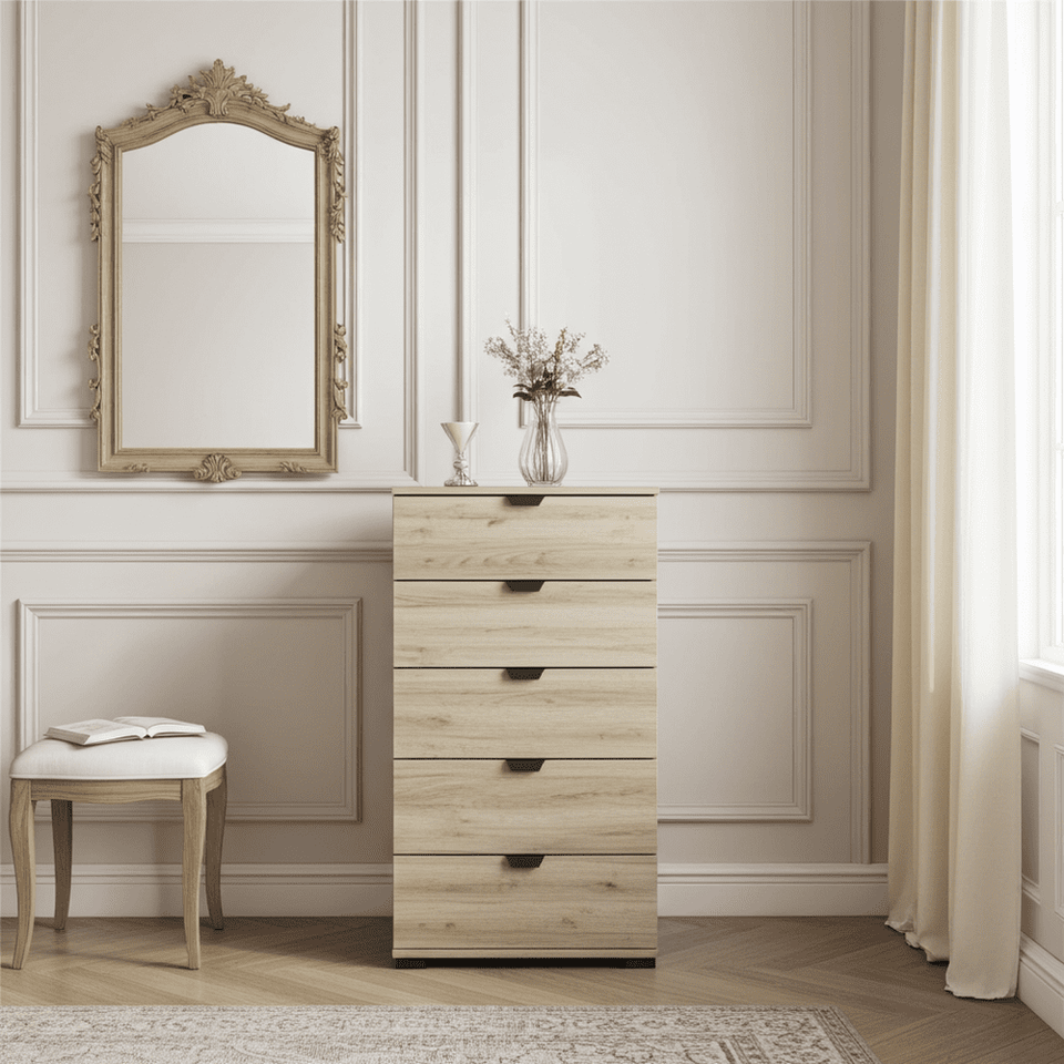 Lavish Kitchen Isle Oak Effect Wide 5 Drawer Chest with ample storage, featuring a sleek narrow design and modern oak finish.