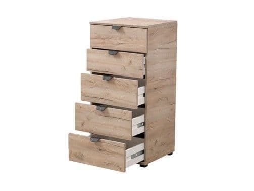 Lavish Kitchen Isle Oak Effect Wide 5 Drawer Chest with ample storage and sleek narrow design, ideal for modern bedroom or living space.