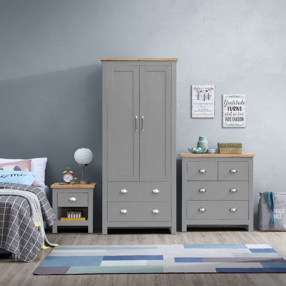 3 Piece Bedroom Furniture Set – 2 Door Wardrobe, 4 Drawer Chest, and 1 Drawer Bedside Cabinet in Light Grey with Oak Tops