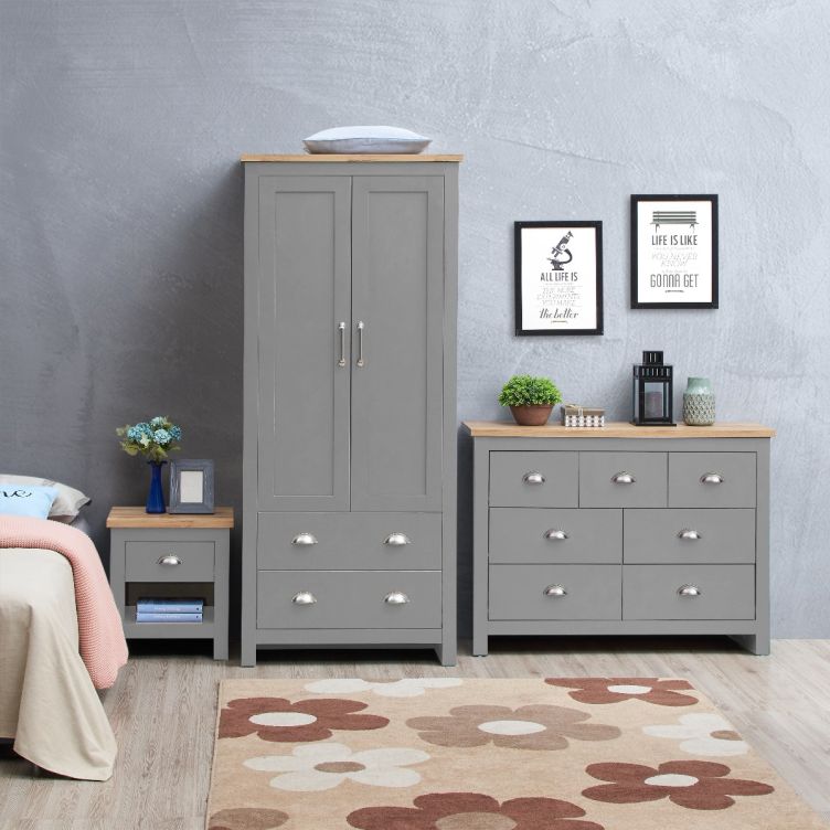 3 Piece Bedroom Furniture Set  2 Door Wardrobe, 7 Drawer Chest, and 1 Drawer Bedside Cabinet in Light Grey with Oak Tops