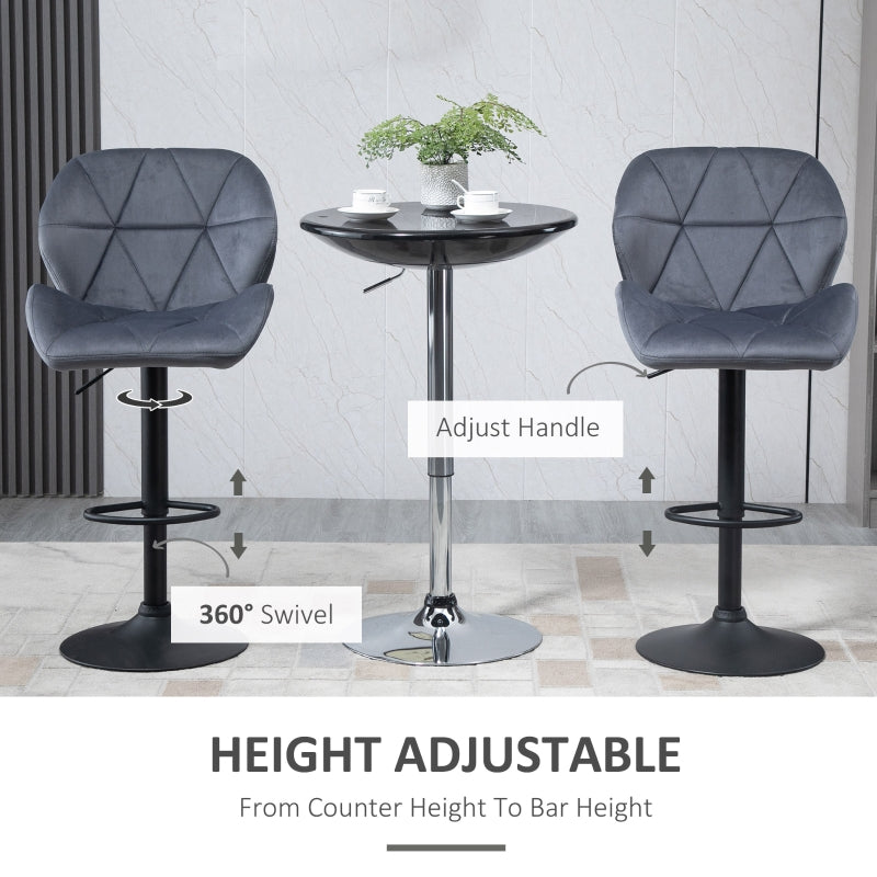 Set of 2 Dark Grey Adjustable Swivel Bar Stools | Upholstered Kitchen Counter Stools with Back for Home Bar and Café