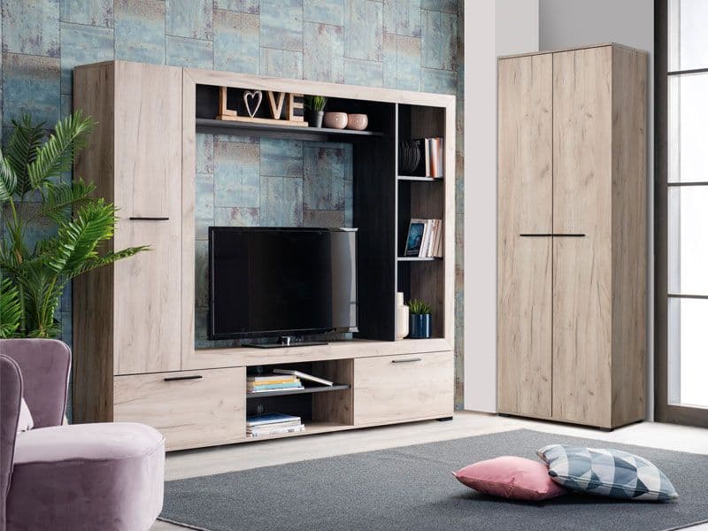 Grey oak effect and black entertainment unit with 3 doors and 6 shelves, Lavish Kitchen Isle TV cabinet for living room storage.