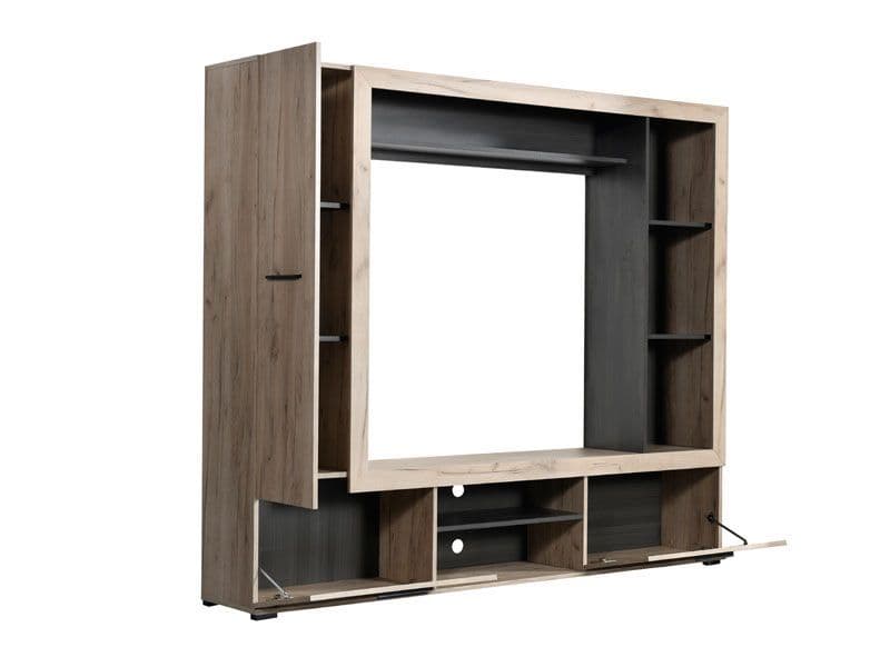 Grey oak effect and black entertainment unit with 3 doors and 6 shelves, wall-mounted TV cabinet by Lavish Kitchen Isle