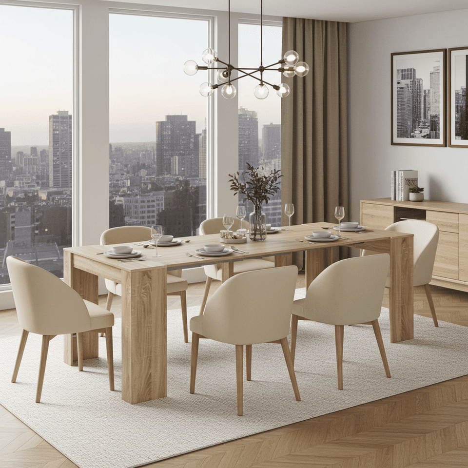 Lavish Kitchen Isle Oak Effect Extending Dining Table with 7-10 day delivery, showing the table extended to 2604mm length.