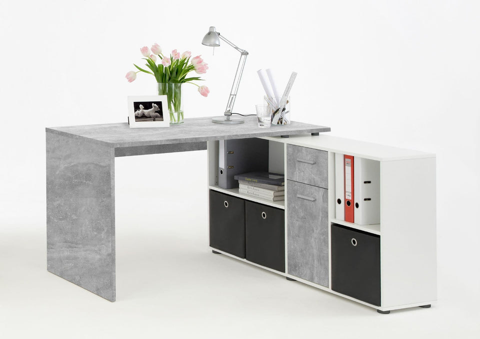 Lavish Kitchen Isle Alp concrete grey and white corner desk with flexible design, ideal for modern home or office workspace.