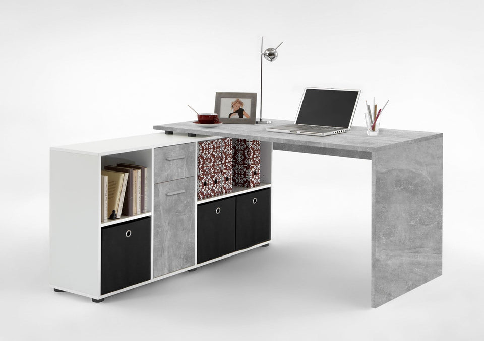 Lavish Kitchen Isle Alp concrete grey and white corner desk, versatile office desk with flexible design, shown in a modern workspace.
