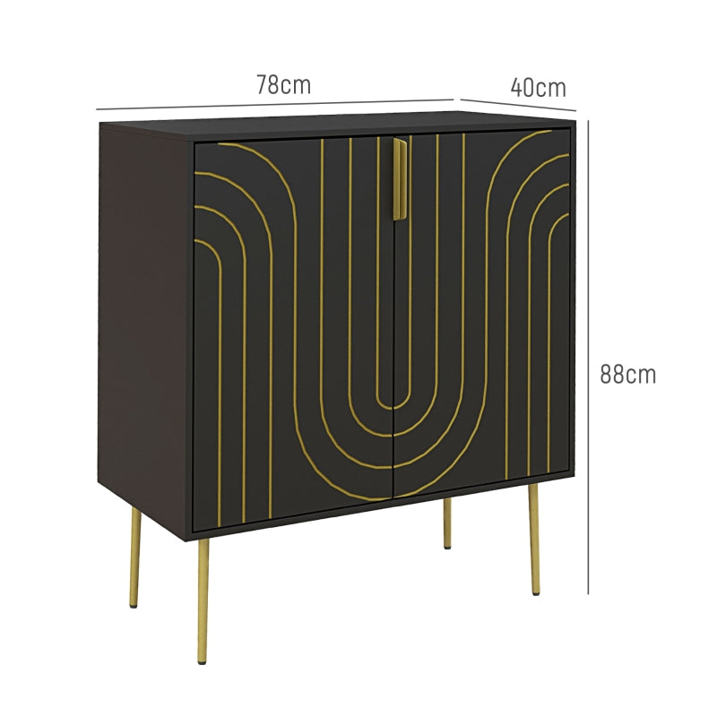 Black and Gold Embossed Sideboard Kitchen Cabinet with Adjustable Shelves and Copper Plated Legs