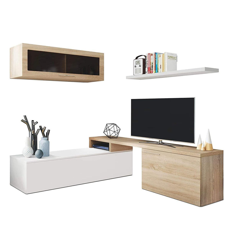 Warrington White Gloss And Oak Effect Reversible L-Shaped TV Entertainment Wall Unit Cabinet