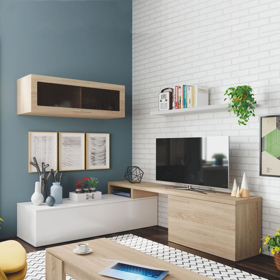 Warrington White Gloss And Oak Effect Reversible L-Shaped TV Entertainment Wall Unit Cabinet