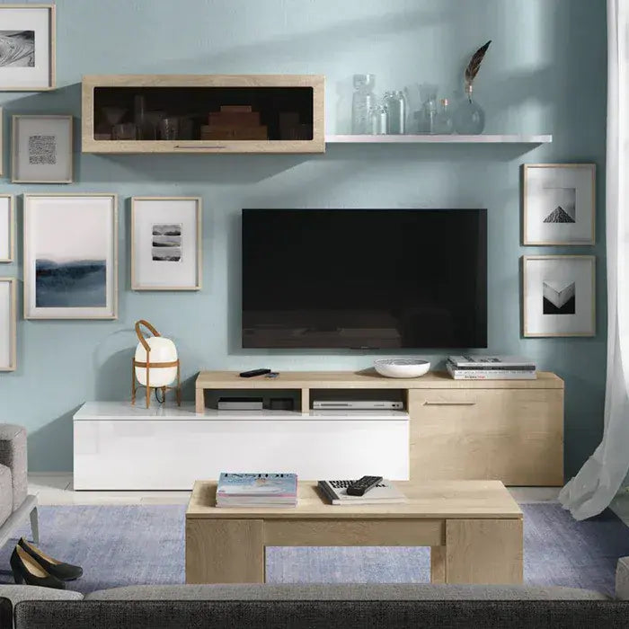 Warrington White Gloss And Oak Effect Reversible L-Shaped TV Entertainment Wall Unit Cabinet
