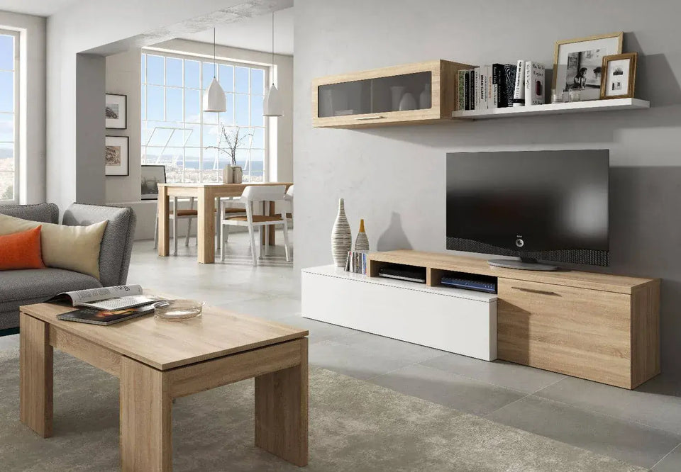 Warrington White Gloss And Oak Effect Reversible L-Shaped TV Entertainment Wall Unit Cabinet