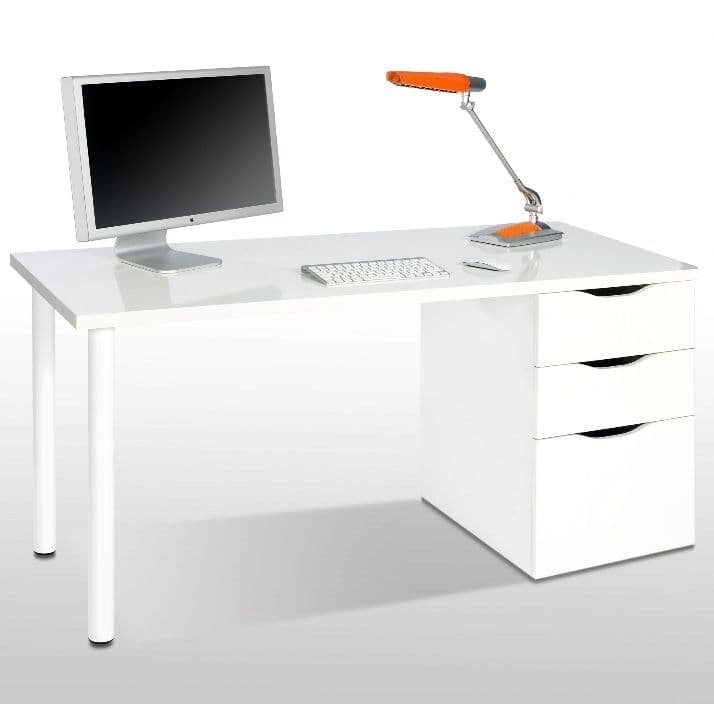 Lavish Kitchen Isle Vespera Arctic White desk with 3 drawers, modern study table for computer and laptop workspace.