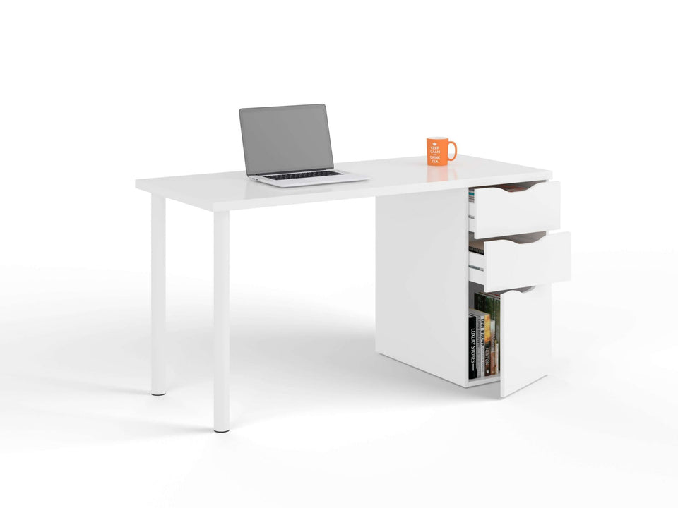 Lavish Kitchen Isle Vespera Arctic White desk with 3 drawers, modern study table, ideal for computer and laptop workspace.