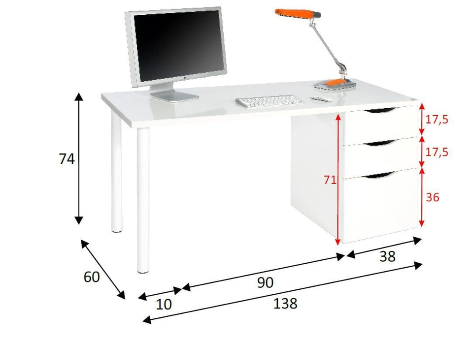 Arctic white Vespera desk with three drawers, modern design, ideal for study or computer workspace from Lavish Kitchen Isle.