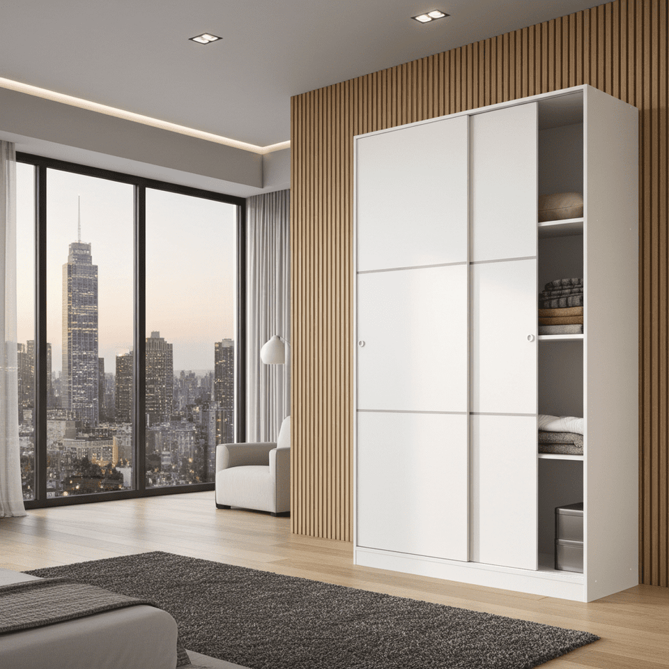 White high gloss sliding wardrobe with two doors, shelves, and hanging rail by Lavish Kitchen Isle.