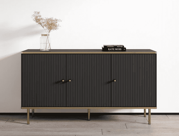 Lavish Kitchen Isle large black and white sideboard with gold detailing, three-door storage and elegant modern design.