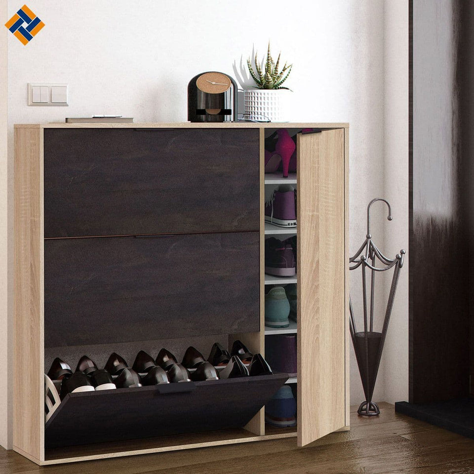 Eclat Oak Effect and Oxido Dark Brown Shoe Rack Cabinet – Wooden Space-Saving Organiser for 20-25 Pairs