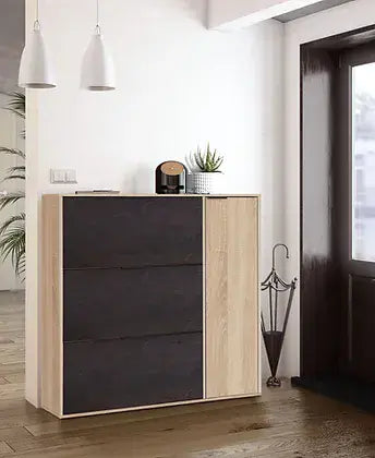 Eclat Oak Effect and Oxido Dark Brown Shoe Rack Cabinet – Wooden Space-Saving Organiser for 20-25 Pairs