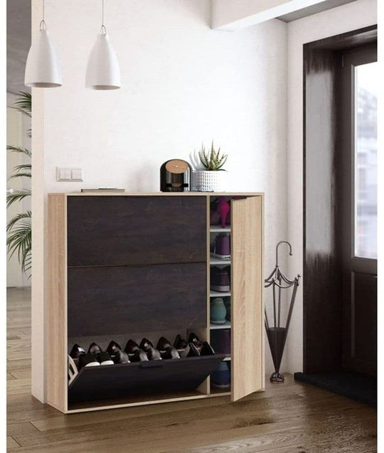Eclat Oak Effect and Oxido Dark Brown Shoe Rack Cabinet – Wooden Space-Saving Organiser for 20-25 Pairs