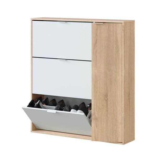 Lavish Kitchen Isle Eclat Oak and White Shoe Cabinet with 4 doors and shelves, 106cm wide, modern shoe storage unit