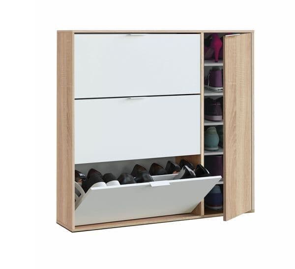 Lavish Kitchen Isle Eclat Oak and White Shoe Cabinet with 4 doors and shelves, 106cm wide for stylish shoe storage.