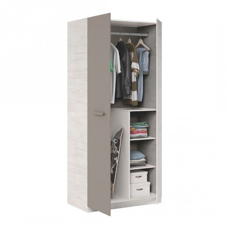 White and Grey Ash 90cm Wide 2-Door Wardrobe – Modern Bedroom Storage