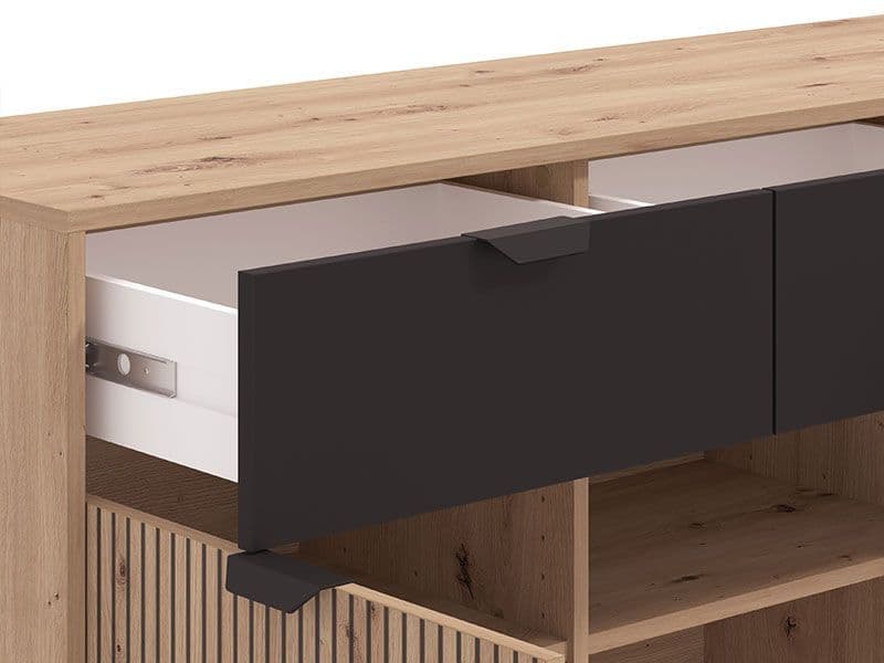 Lavish Kitchen Isle 3-door, 3-drawer sideboard in artisan oak effect with black accents, modern storage cabinet design.