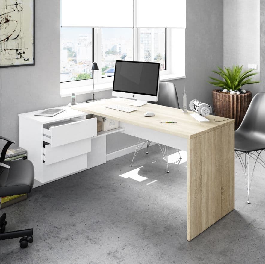 Lavish Kitchen Isle Oak and White corner desk with storage drawers, home office study table, suitable for computer workspace.