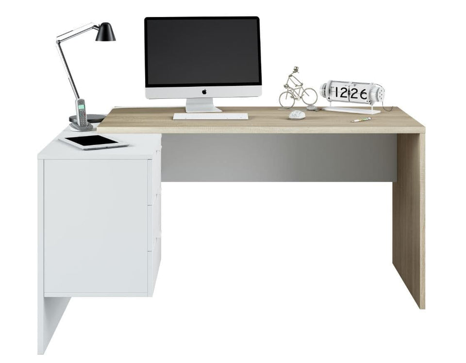 White and oak corner home office desk with storage drawers, study table and computer workstation by Lavish Kitchen Isle.