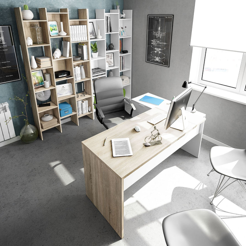 Lavish Kitchen Isle Calyx oak and white corner desk with storage, study table and computer workstation for home office use.