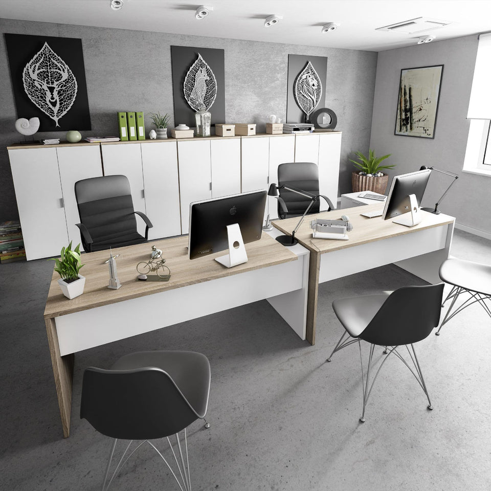 White and oak corner office desk with drawers, study table, and storage by Lavish Kitchen Isle for home or workspace.