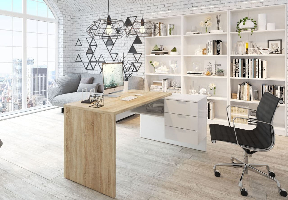White and oak corner office desk with storage drawers by Lavish Kitchen Isle, ideal for home study or computer workstation.