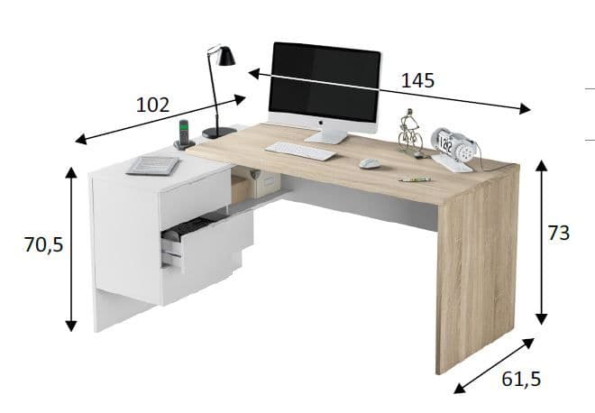 White and oak corner desk with storage drawers, ideal for home office or study, by Lavish Kitchen Isle.