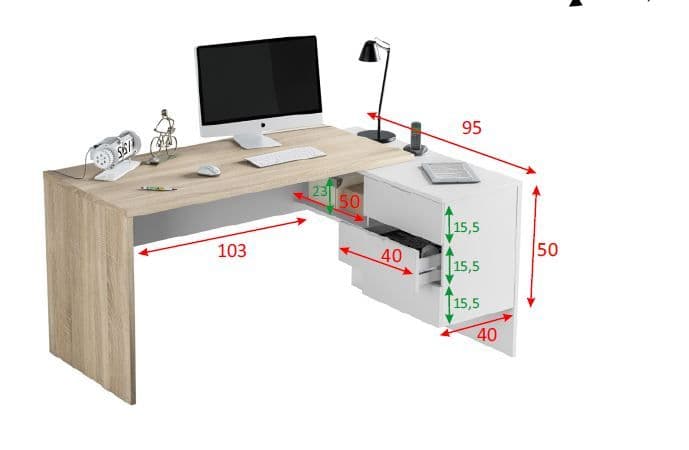 White and oak corner desk with drawers, Lavish Kitchen Isle home office study table and computer workstation with storage.