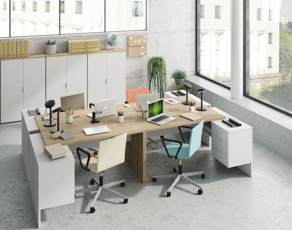 White and oak corner home office desk with storage drawers, study table and computer workstation by Lavish Kitchen Isle.
