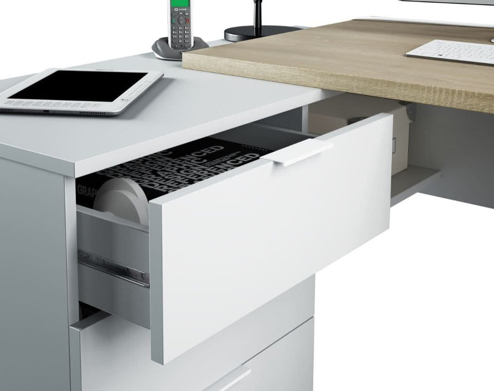 White and oak corner desk by Lavish Kitchen Isle with storage drawers, ideal for home office, study, or computer workstation.