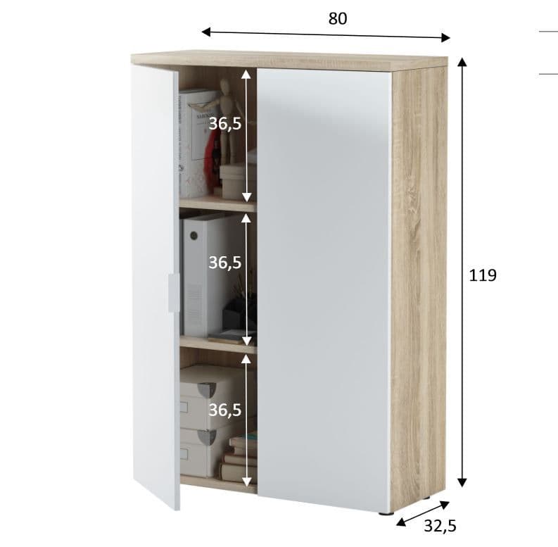 Oak and White Storage Cupboard with 2 Shelves and 2 Doors
