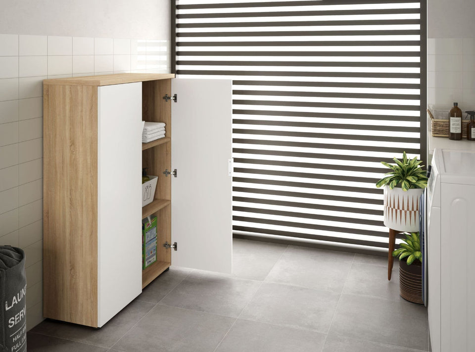 Oak and White Storage Cupboard with 2 Shelves and 2 Doors